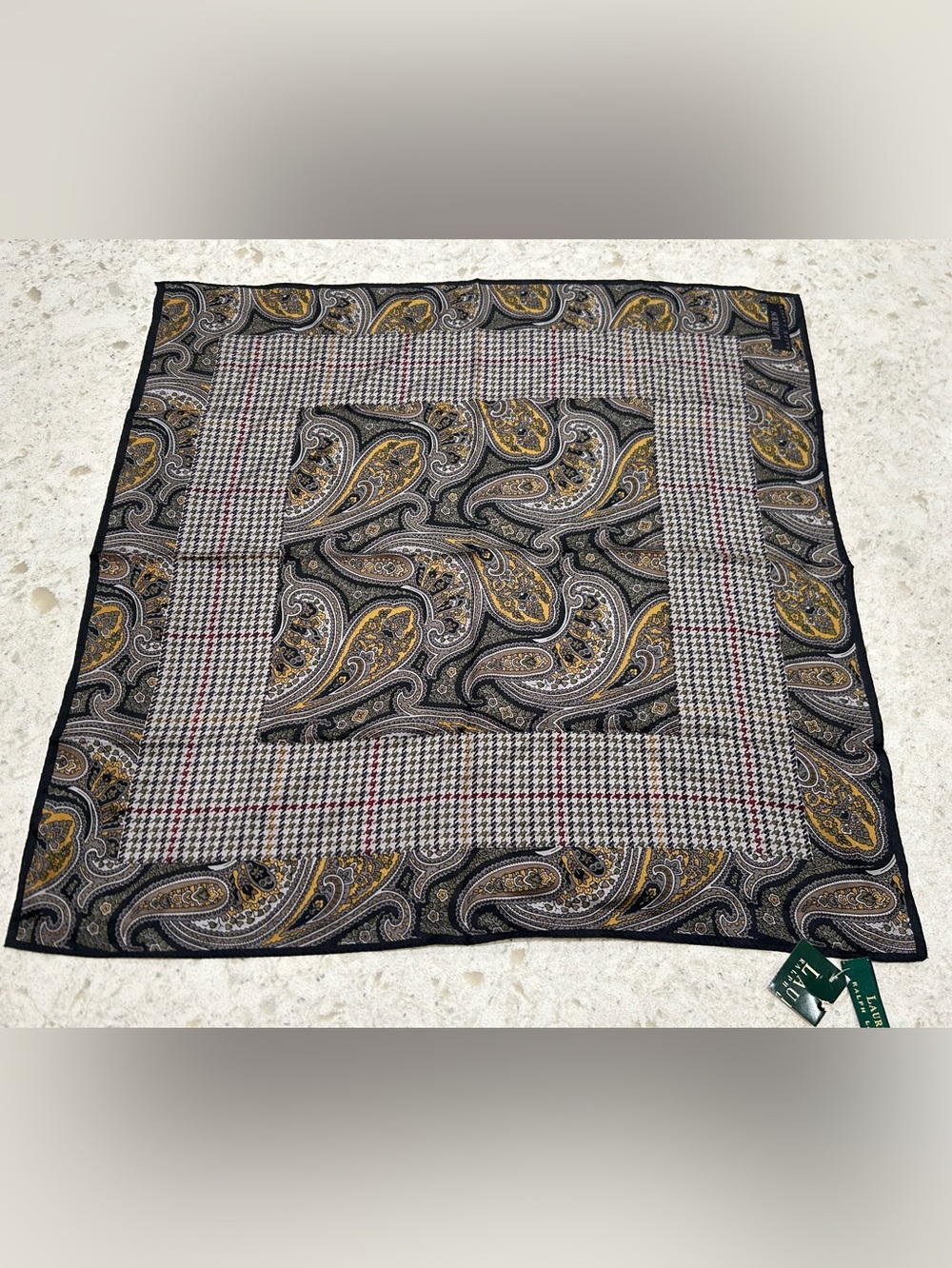 Lauren Ralph Lauren Paisley & Houndstooth 21x21 scarf - Black Grey and Gold NWT